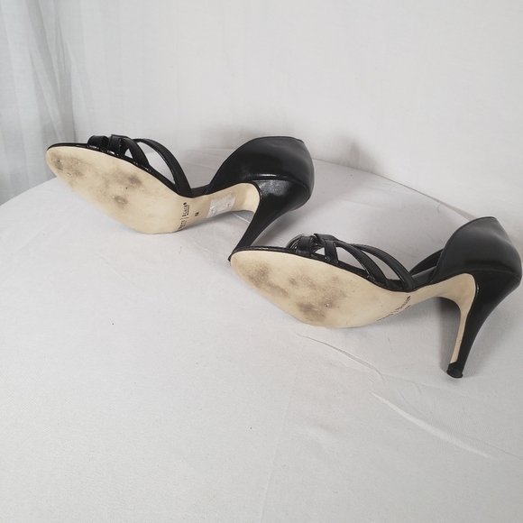 White House Black Market Black Leather Open Toe 3 Inch Heels Sz 6 - Picture 7 of 9